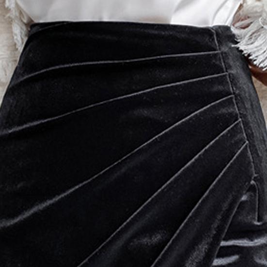 Women Midi Skirt High Waist Irregular Front Slit Design Golden Velvet Skirt Solid Color Design Leg-shaping Skirt