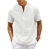 Cotton Linen Shirt Men Henley Neck Pocket Casual Beach Short Sleeve Solid Color Male Tops T-shirts Vintage Streetwear