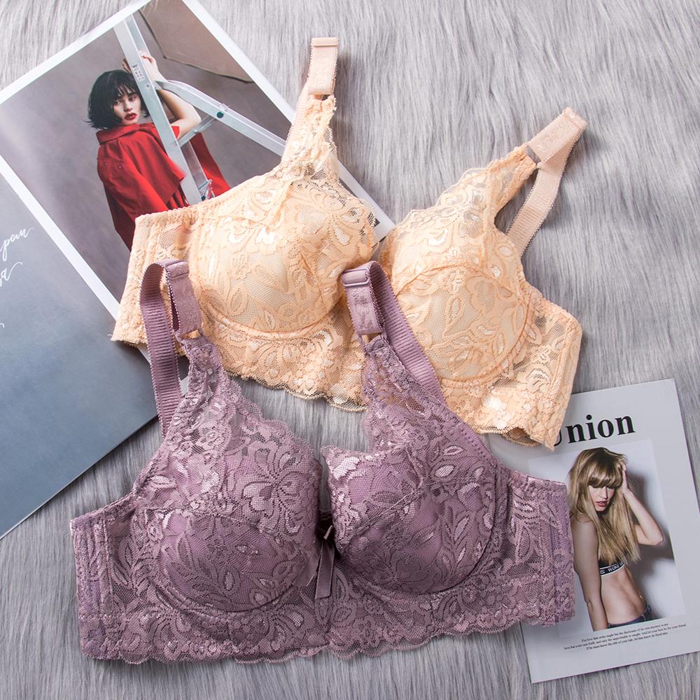 36-46 Plus Size Women Ultrathin Bra Underwire Push-Ups Lace Bras Brassiere Larger Breast Solid Color 3/4 Big Cup