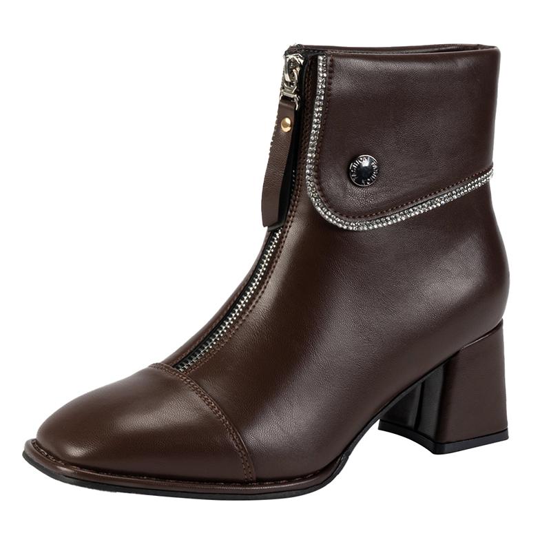 Soft Leather New High-heeled Booties Women's Autumn and Winter New Bright Leather Square Toe Block Heel Boots