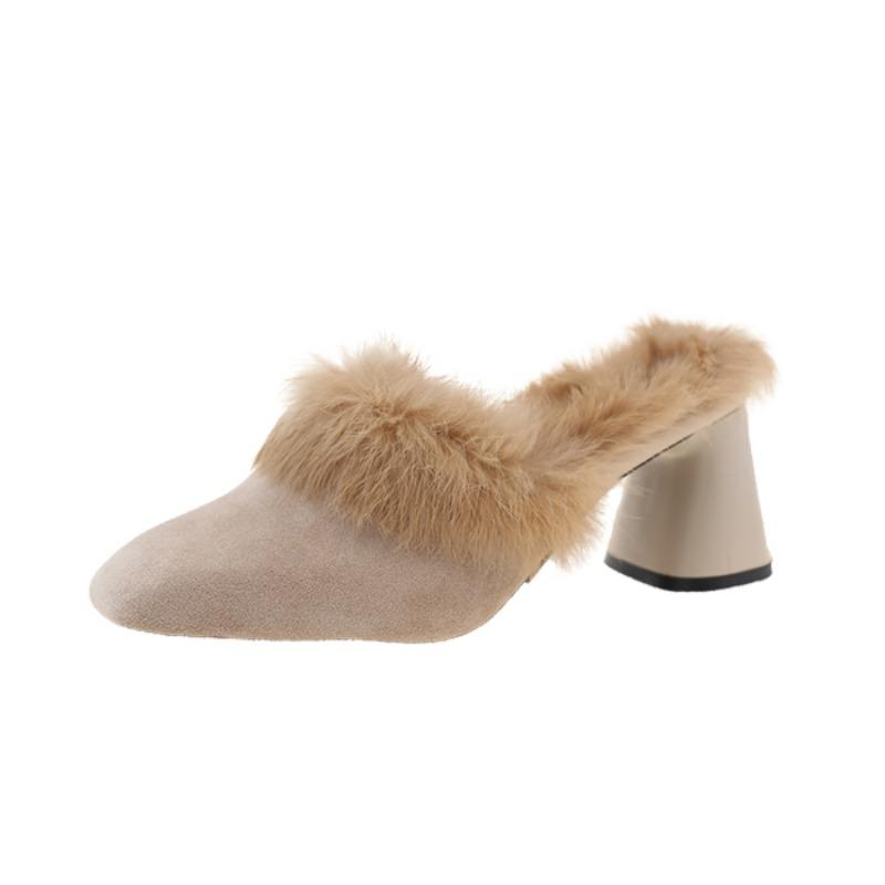 Women Fur High Heels Square Toe Slippers Cozy Suede Warm Plush Cotton Shoes Winter 2025 Trend Fashion Flip Flops Zapatos Mujer