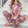 Luxurious Satin Pajamas for Women Flower Print Sleepwear Autumn Short Sleeve Lapel Collar Top Pants Pyjama Home Clothes