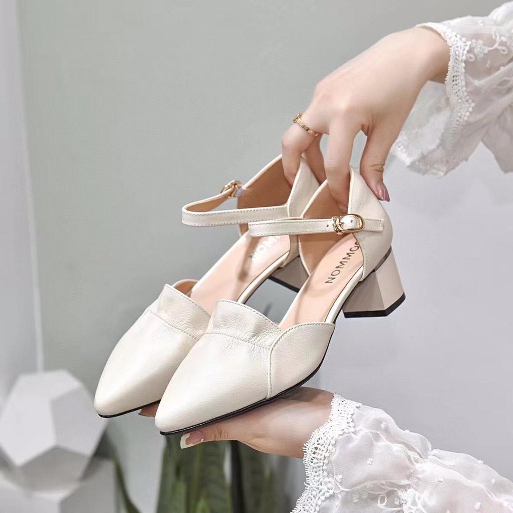 Hollow Sandals 2025 Summer New Ruffle Edge Pointed Head with Thick Heel Middle Heel First Layer Cowhide Women's Sandals