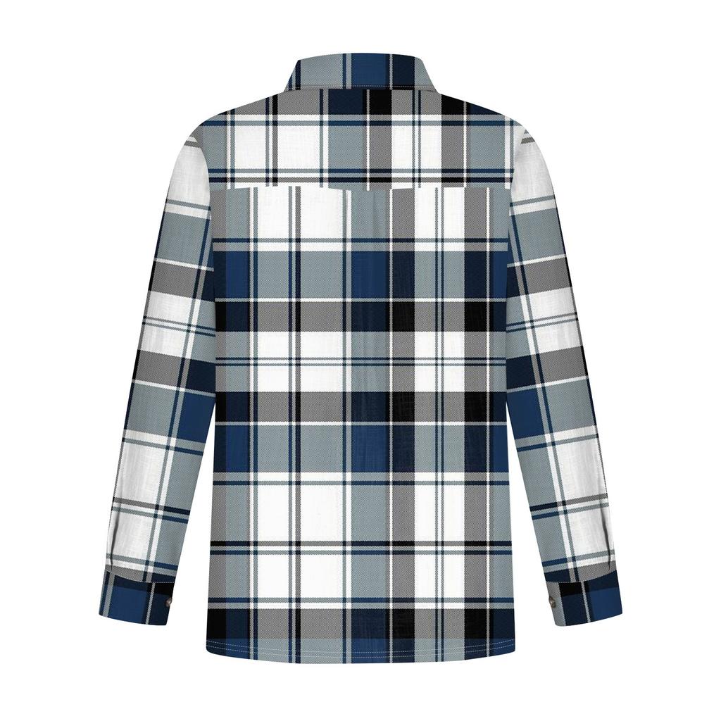 Women's Loose Casual Long-sleeved Lapel Button-down Shirt With Striped Plaid Print And Pocket Cardigan