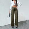 Women Pants Mid-rise Solid Color Loose Fit Wide Leg Design Long Trousers Smooth Satin Casual Trousers Daily Wear