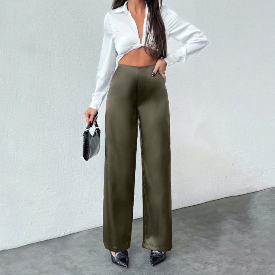 Women Pants Mid-rise Solid Color Loose Fit Wide Leg Design Long Trousers Smooth Satin Casual Trousers Daily Wear