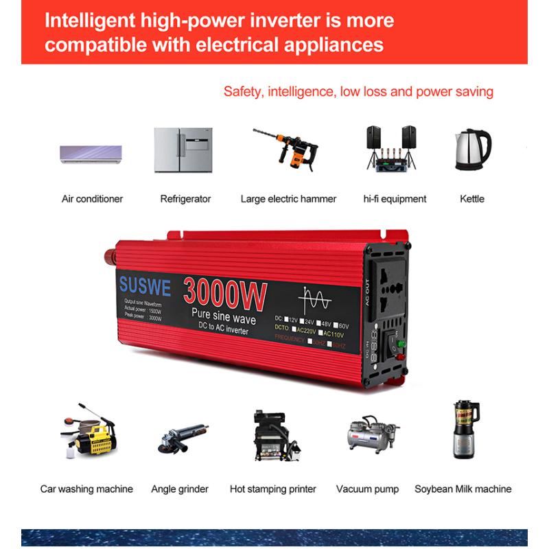 Pure Sine Wave Inverter 1000W 2000W 2200W 3000W DC 12V 24V To AC 220V Voltage 50/60HZ Solar Car Inverters