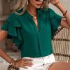 Elegant Pullover Blouse 2025 Women's Summer New V-neck Casual Double Layered Ruffle Sleeves Solid Color Shirt Top
