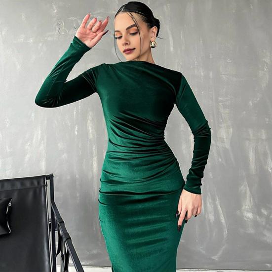 Lady Evening Dress Slim Fit Pleated Bateau Neck Long Sleeve Pure Color Midi Dress Sheath Calf Length Prom Cocktail Party Dress