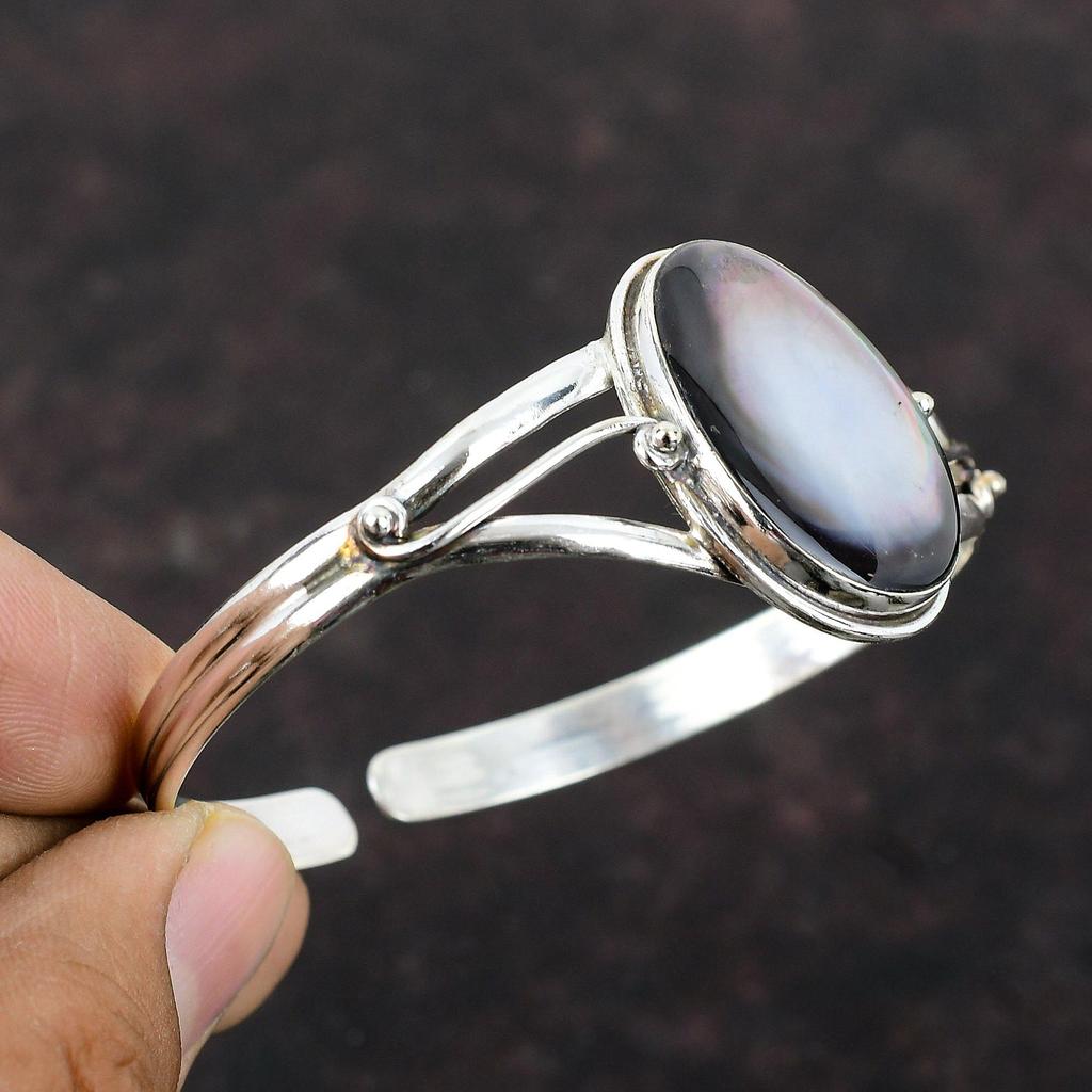 Mother Of Pearl Bangle 925 Sterling Silver Cuff Bangle Real Gemstone Adjustable Bangle Handmade Cuff Bracelet Gift For Mom Unique Jewelry