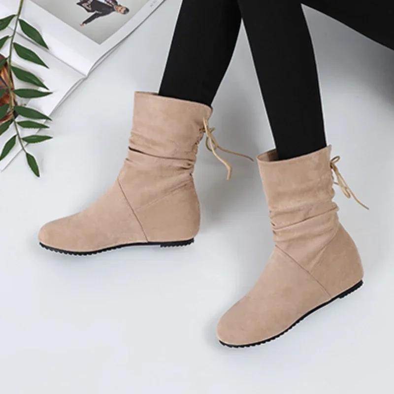 Fashion Ladies Shoes On Sale 2024 Lace Up Women's Boots Winter Round Toe Warm Solid Short Barrel Low Heel Large Size Fashion Boots