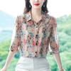 3/4 Sleeves Mom's Chiffon Blouse Summer Printed Bottoming Shirt New Fashion Retro Temperament Turn Down Collar Top M-4XL