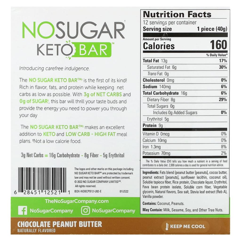 Keto Bars, Chocolate Peanut Butter, 12 Bars, 40G (1.41Oz) Each