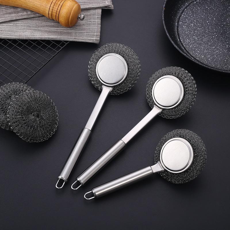 Stainless Steel Long Handle/Short Handle Cast Iron Pan Scrubbers Brush Household Stove Kitchen Specific Steel Wire Ball Cleaning Brush