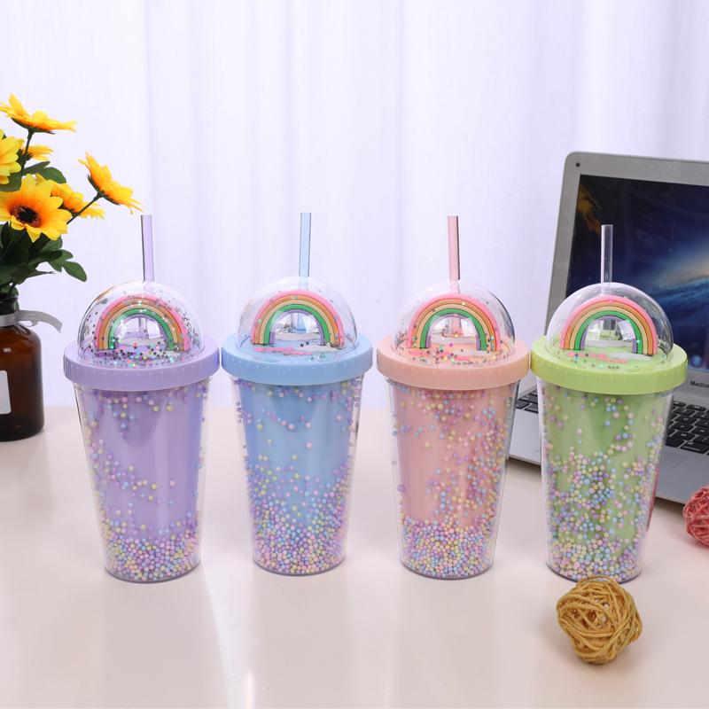 Creative Rainbow Plastic Water Cup Fashionable Large-capacity Ladies Straw Cup Sen Series Double Color Bead Smooth Drink Cup