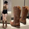 Retro Rivet Mid Calf Cowboy Boots for Women Autumn Chunky Heels Western Boots Woman Slip On Pointed Toe Cowgirl Boras