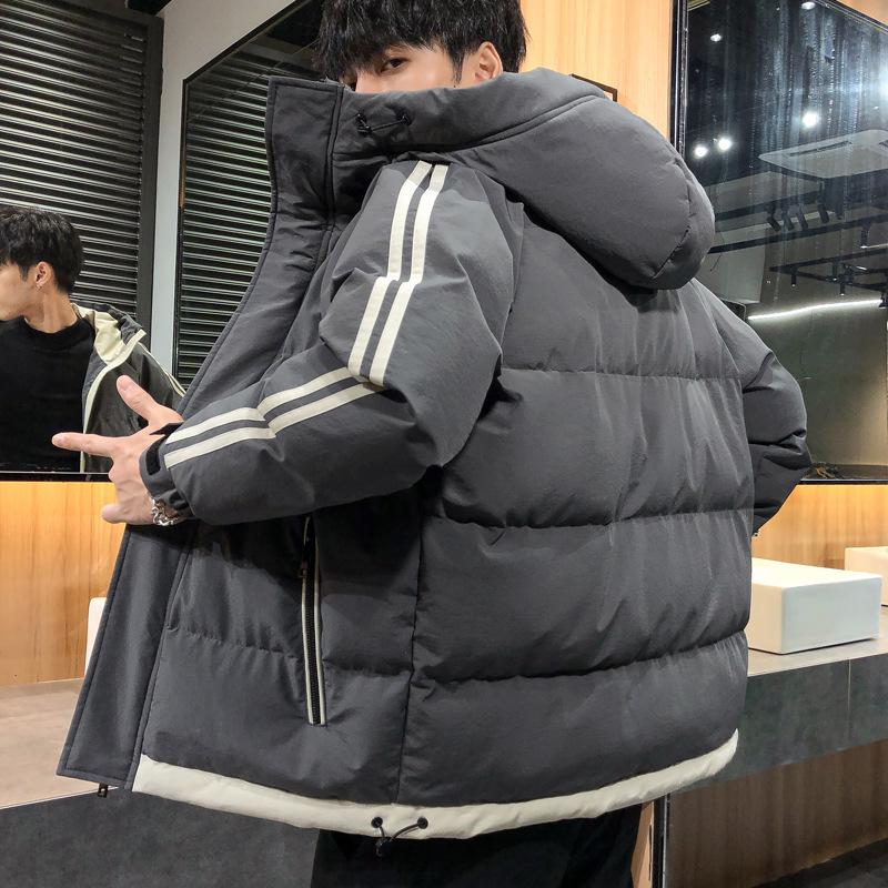 Cotton Coat Men's Autumn and Winter Coat Korean Style Trendy Green Two Stripes Cotton Jacket Casual Hooded Cotton Coat Warm Bread Coat