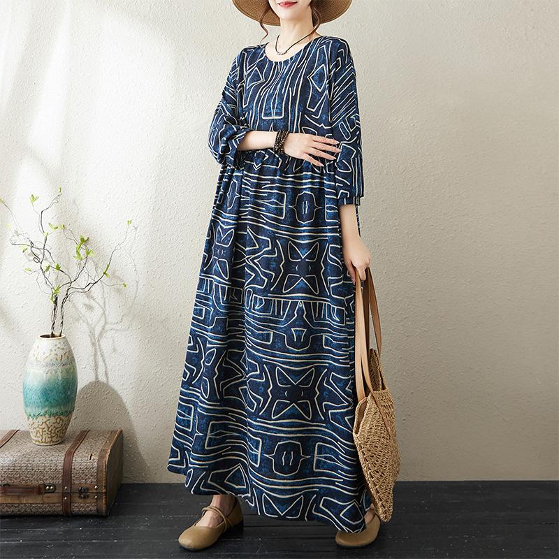 Round Neck Long Sleeve Bohemian Clothing Retro Autumn Cotton Linen Dresses Vintage Casual Floral Printed Long Dress for Women