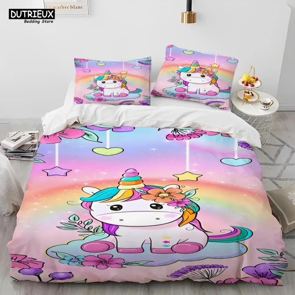 Unicorn Cute Cartoon Comforter Bedding Set,Duvet Cover Bed Set Quilt Cover Pillowcase,Queen Bedding Set