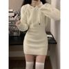 Women Winter Dress Knitted Sweater Solid Slim Elastic Hoodie Dress High Waist Vintage Pullovers Sniper Style Mini Dress Korean