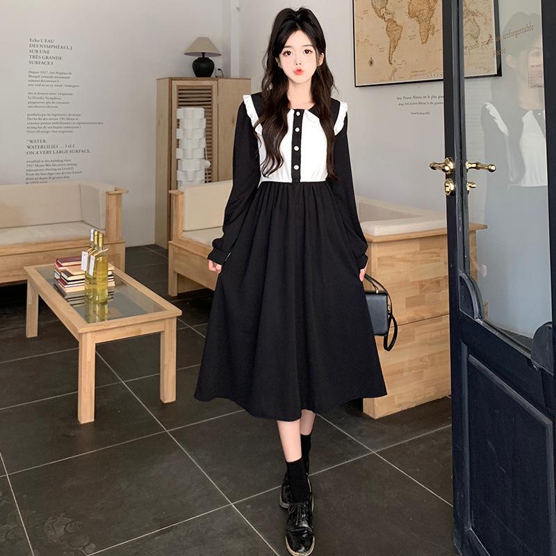 Korean Style Contrast Color Dress: Versatile, Fashionable, Comfortable Long Skirt for Spring & Autumn 2025