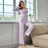 Women's Long Sleeve Pajama Set Ruffle Trim V Neck Crop Top And Wide Leg Pants Sleepwear Set Floral Print 2 Piece Pjs Set