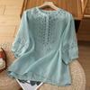 Women Shirt Retro Style Embroidery Flower Pattern Pullover Tops Round Neck 3/4 Sleeve Summer Casual Blouse