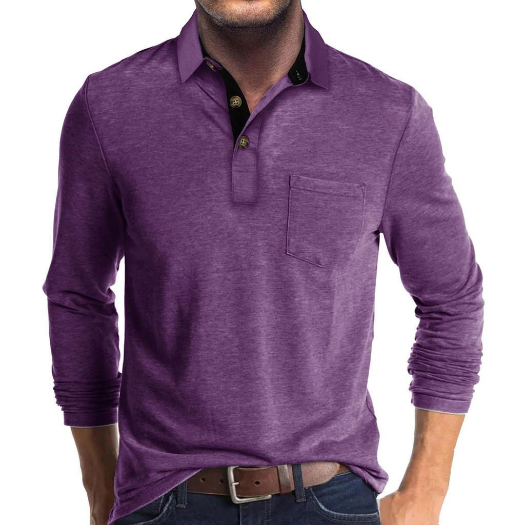 Men's Spring And Autumn Solid Color T-shirt Lapel 3 Button Open Placket Button Long Sleeved Top