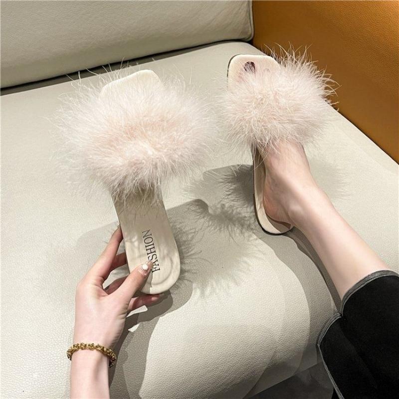Furry Flat Indoor Fluffy Sandals Beige Woman Slippers Black Fuzzy Summer Slides Shoes for Women 2025 B Casual Vip 39 Sale Y