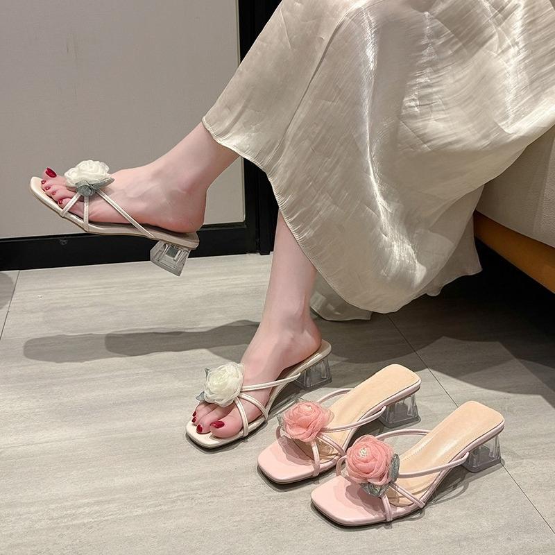 Fashion Wearing Slippers Outside Women's Summer New Sweet Flowers Gentle Slip-on Non-slip Transparent Block Heel High Heels