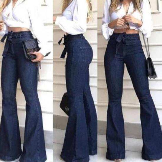 European And American High Waisted Slightly Elastic Lace Up Flared Pants, Wide Leg Pants, Women'S Jeans