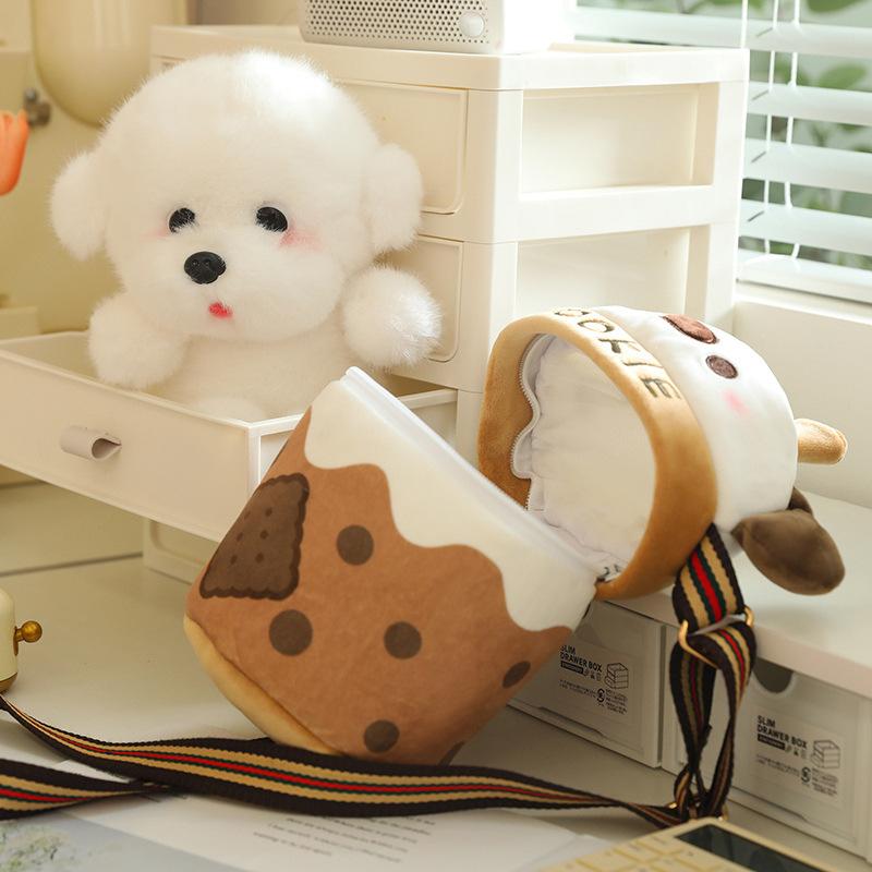 Milk Tea Cup Cute Dog Doll Crossbody Shoulder Bag Doll Creative Simulation Plush Toy Girl Best Friend Gift