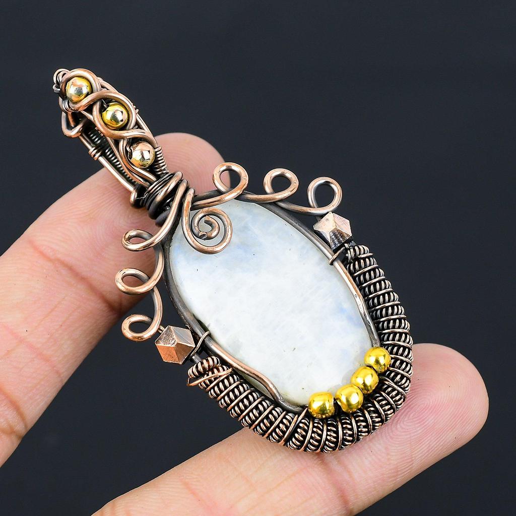 Unique Moonstone Gemstone Pure Copper Wire Wrapped Handmade Pendant Jewelry
