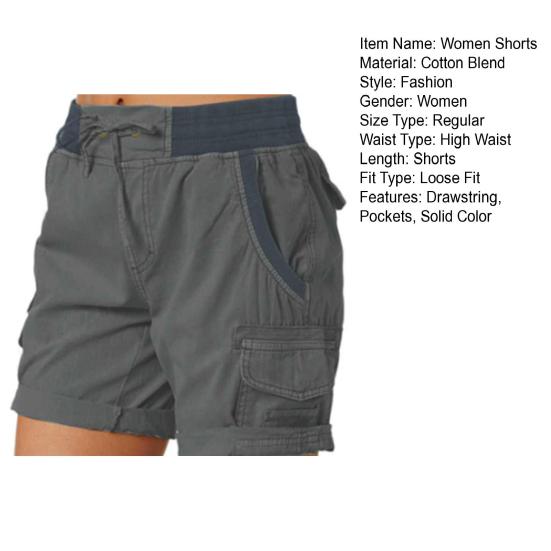 Women Shorts High Waist Adjustable Drawstring Cargo Shorts with Pockets Solid Color Summer Casual Shorts Daily Wear