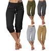 Women Cropped Pants Elastic High Waist Adjustable Drawstring Mid-calf Pants with Pockets Solid Color Stretchy Yoga Sweatpants